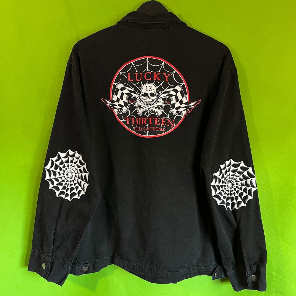 VTG Lucky 13 Apparel Mens XXL Black Work Jacket Rockabilly Skull‎ Spiderweb USA